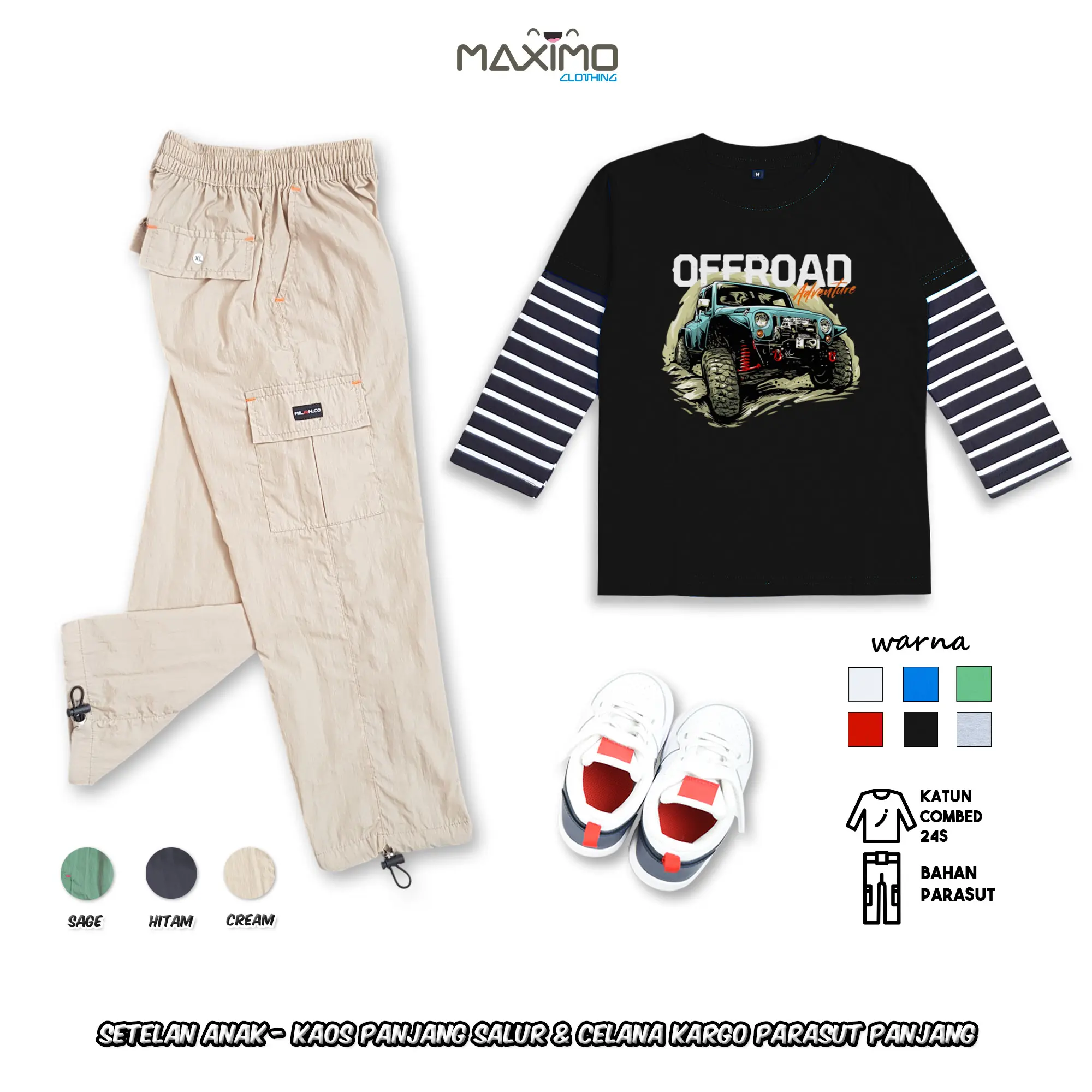 Setelan Anak Adventure OffRoad Salur Hitam dan Celana Kargo Parasut Panjang 3 warna untuk Usia 4 Hingga 12 Tahun Fashion Anak