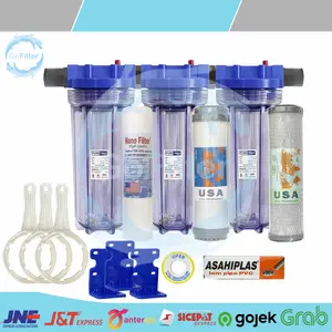 PAKET FILTER AIR SIAP PAKAI 3 TAHAP AIR KOTOR, KERUH, SUMUR, PAM, TOREN / SEDIMEN GAC CTO 10 INCH - HOUSING NANOTEC 10 INCH CLEAR BLUE
