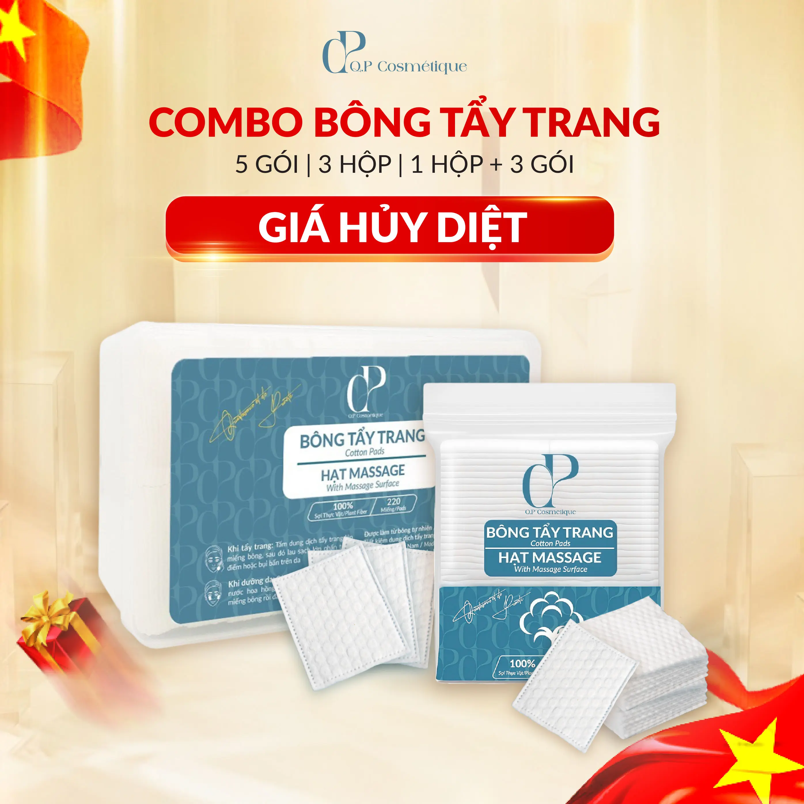 [GIÁ HỦY DIỆT] Combo Bông Tẩy Trang Ép Định Hình Q.P Cosmétique Không Xơ Rách, Hạt Massage Sạch Sâu