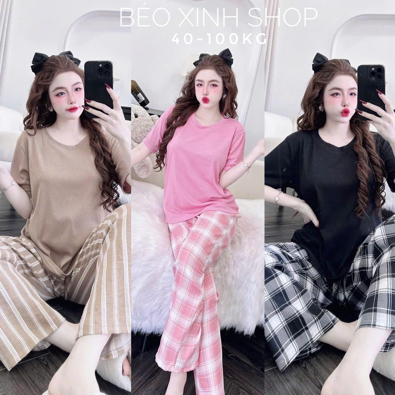 Thời Trang Bigsize Set Áo Thun Tăm Quần Caro Vải Vân Mây Cao Cấp Thanh Lịch cho Nàng Bigsize Từ 45 - 110Kg Nữ Top Women Xoè - B.1744