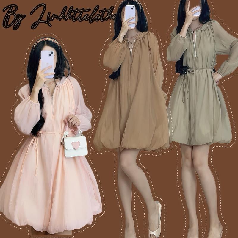  Mở bán| Đầm babydoll 2 lớp tay dài tơ mềm kèm DÂY CỘT EO có túi 2 bên freesize 45-70kg dress 