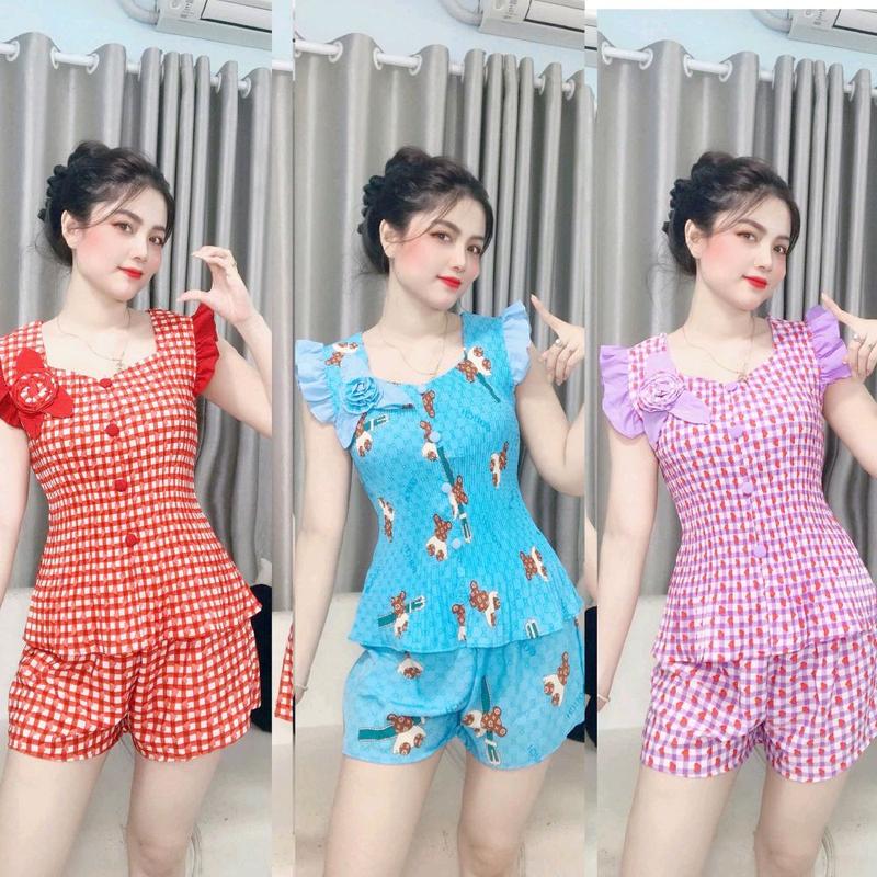 Đồ Bộ Nữ Quần Đùi không túi quần Áo Dập Ly Tay Cánh Tiên Phối Mặc Nhà Women Voi Thun Thun Quần Ngủ Freesize