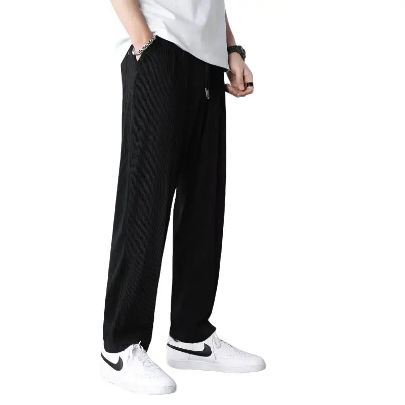 White Casual Pants Men's Summer Thin Fashionable Ice Silk Pants Men's Draping Mop Pants Straight Loose Wide-Leg Pants Menswear Trouser Lingerie Plain Pocket Beige