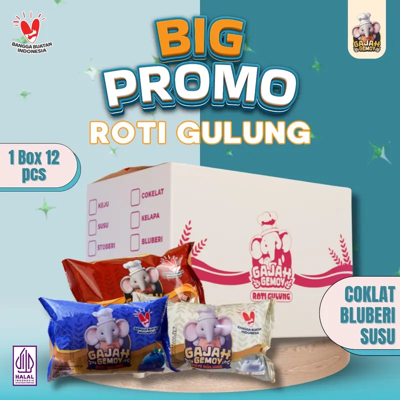 [COD} PROMO 1 DUS ISI 16 HANYA 30K Roti Gajah Gemoy Lembut & Padat rotinya cocok untuk sarapan & cemilan sore rasa Cokelat , Susu , Blueberry mengenyangkan penunda lapar / snack / food 0
