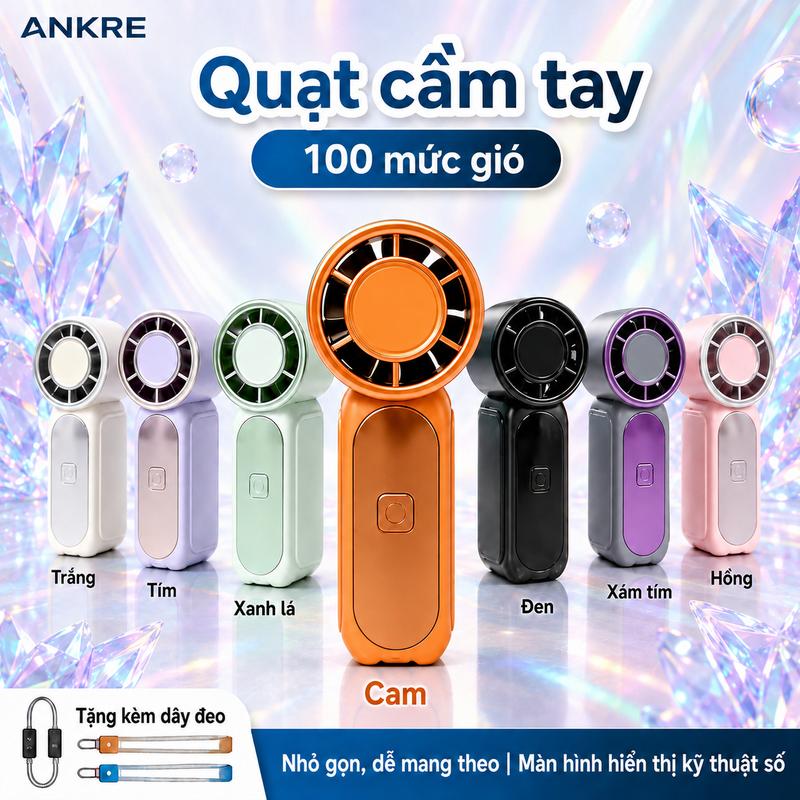 Quạt Mini Cầm Tay 100 Mức Gió, Gió Siêu Mạnh, Nhỏ Gọn Bỏ Túi, Màn Hình LED, Sạc…