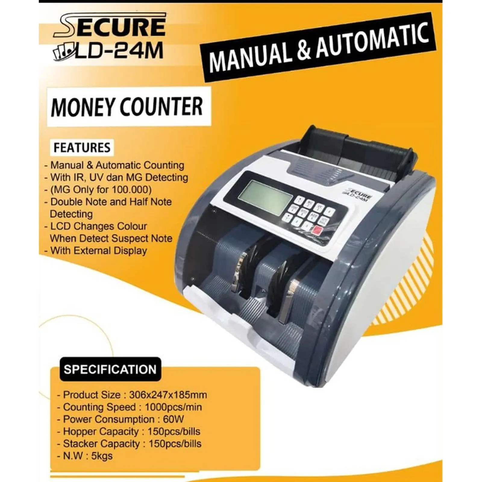 Secure LD-24M Automatic & Manual Money Counter Mesin Hitung Uang LD24M