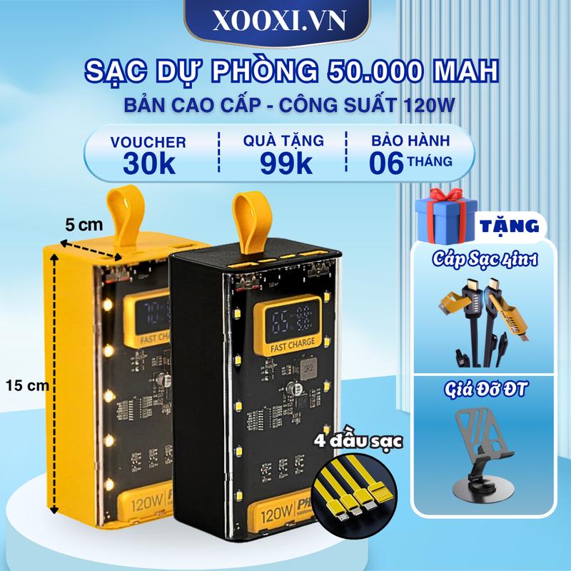 Tặng Cáp Sạc 4in1 VN06 Sạc Pin Dự Phòng 50000mAh Pin Dự Phòng 120W Mặt Trong Suốt Pin Sạc Nhanh Màn Led 4 Đầu Sạc Tự Thân Đa Cổng Sạc Tiện Lợi Phù Hợp Mọi Thiết Bị