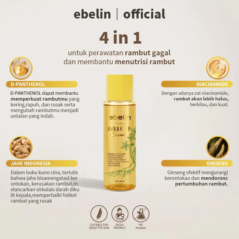 Ebelin Hair Serum—Anti Frizz|Anti Hair Fall Treatment with Biotin keratin Ginseng&Ginger Extract Mengatasi Rambut kering&Rontok Mengkilaukan|Perawatan Melurukan Rambut Pria Wanita|Menyuburkan Menghaluskan Rambut Perawatan Haircare|4 HERBS&2 VITAMINS 2