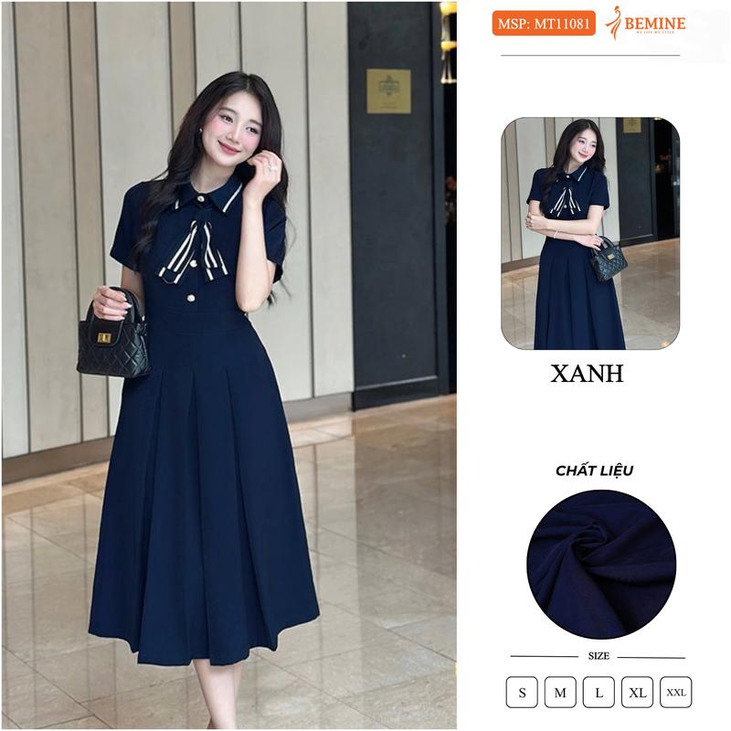 Đầm thiết kế BEMINE cổ đức đính nơ phối viền dáng chữ A phù hợp đi làm-MT11081