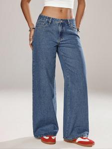 Jeans rectos de cintura media y pierna ancha para mujer, moda casual de color café, con cierre de cremallera y bolsillos, para todas las estaciones