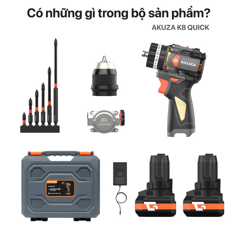 {Chính Hãng} Khoan Pin AKUZA K8 4 in 1 Có Búa- Khoan pin 16,8V Không Chổi Than Đầu Kẹp 10mm