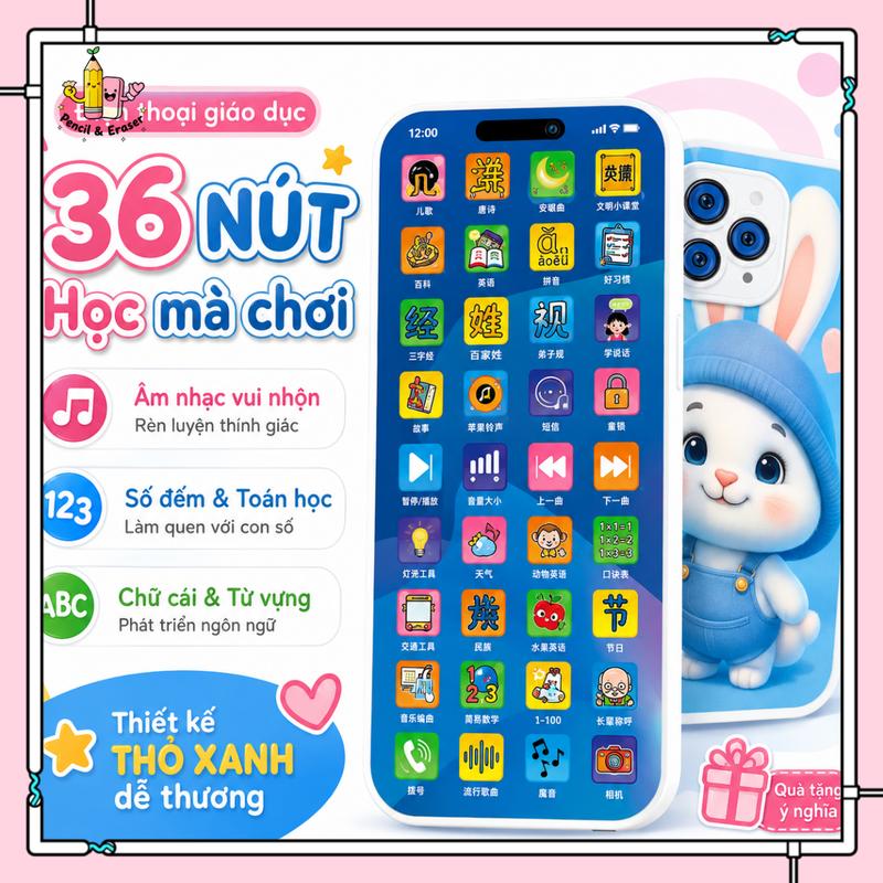 Điện Thoại Đồ Chơi Giáo Dục Sớm Cho Bé 36 Phím Hình Thỏ Xanh, Có Nhạc Và Nội Dung Học Tập