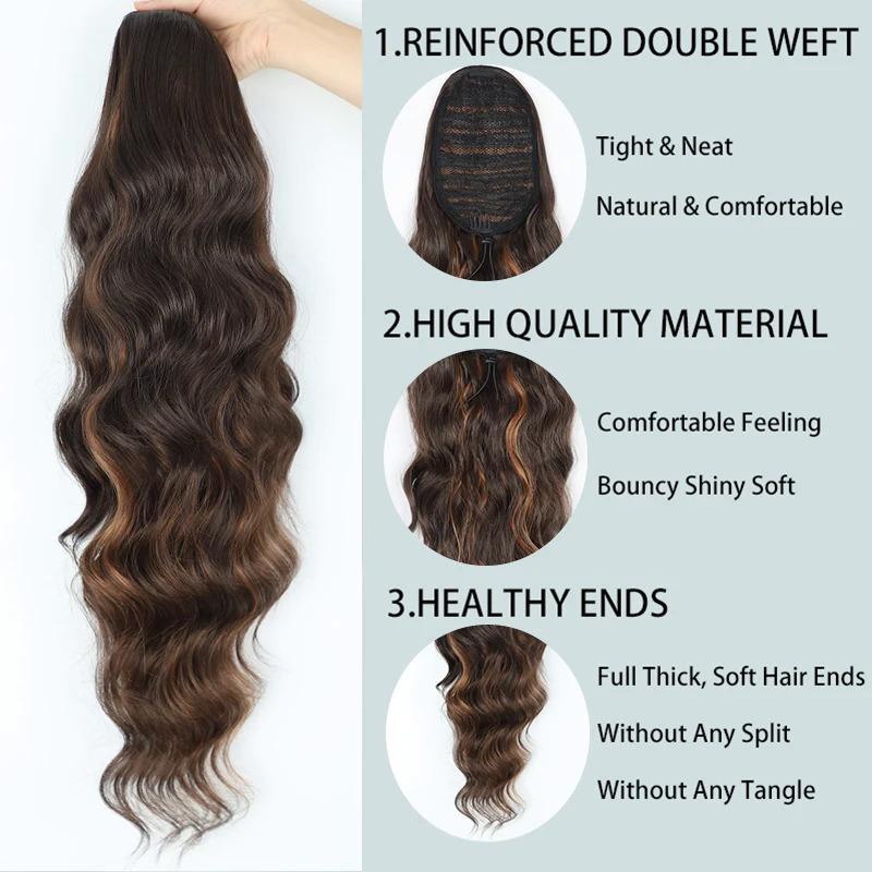 Tóc Đuôi Ngựa Sóng 24 Inch, Kẹp Dây Rút Đuôi Ngựa, Nối Tóc, Kẹp Tóc, Tóc Đuôi Ngựa Dài, Tóc Giả Tổng Hợp Tự Nhiên Cho Nữ 1