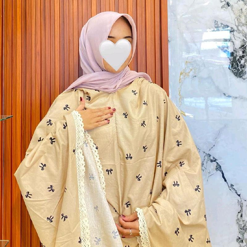 Mukena Rayon Motif Ribbon Pita Hitam - Katun Dewasa - Cantik, Panjang, Wanita, Travel, Renda, Muslim, Mukenah, Bali 2