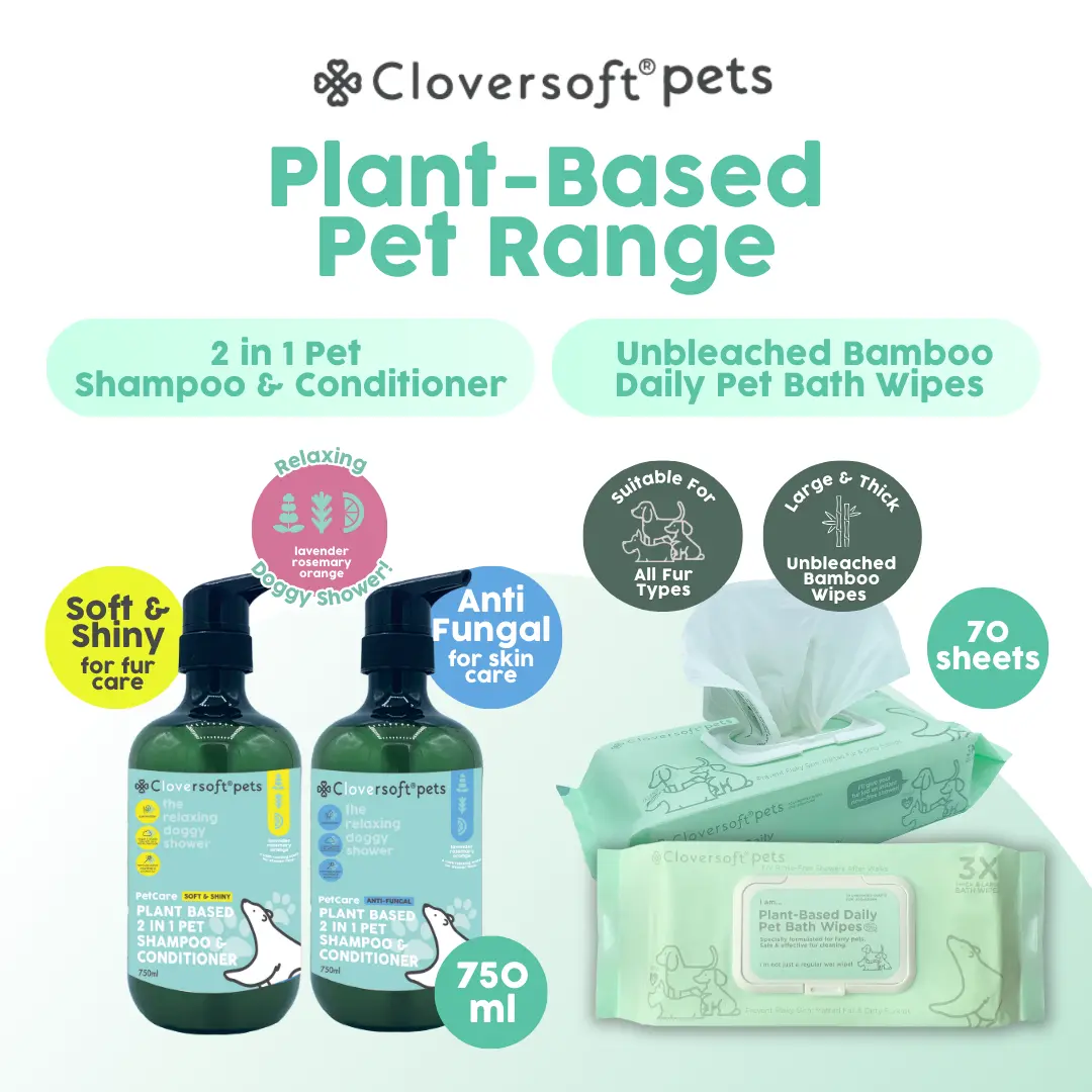 [4 Bundle Variations] Cloversoft Plant-Based 2 In 1 Pet Shampoo & Conditioner 750ml + Daily Bath Pet Wipes 70 Sheets Bundles
