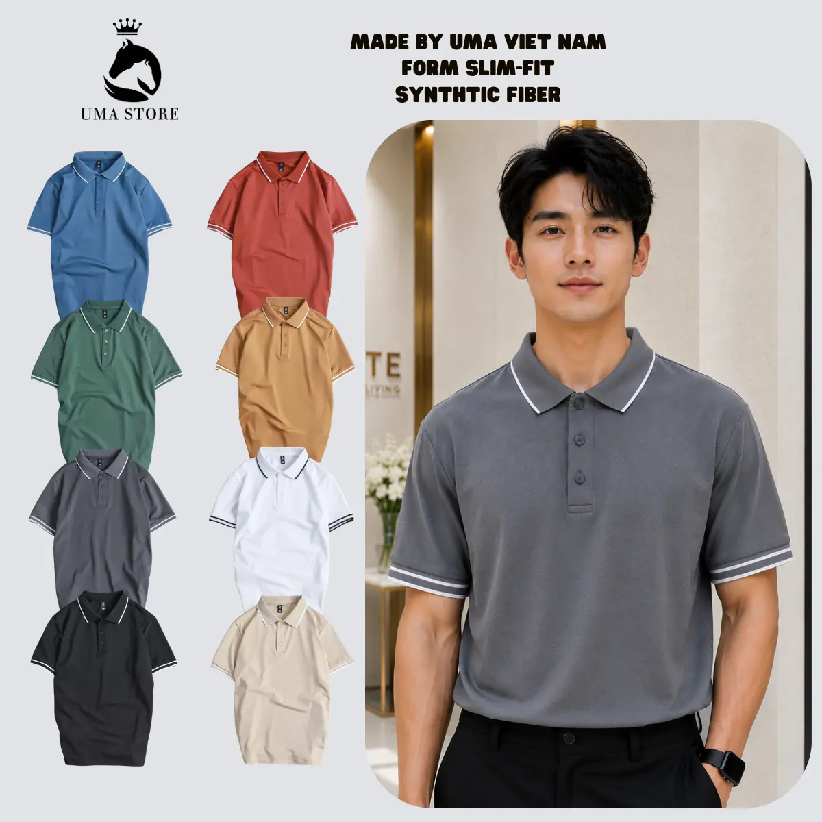Áo thun polo nam vải cá sấu CỔ KẺ phối sọc viền tay UMA 8 màu Menswear Top Có Cổ Bẻ Shirt hot 2025 Jean �� 8 green + high quality năng động