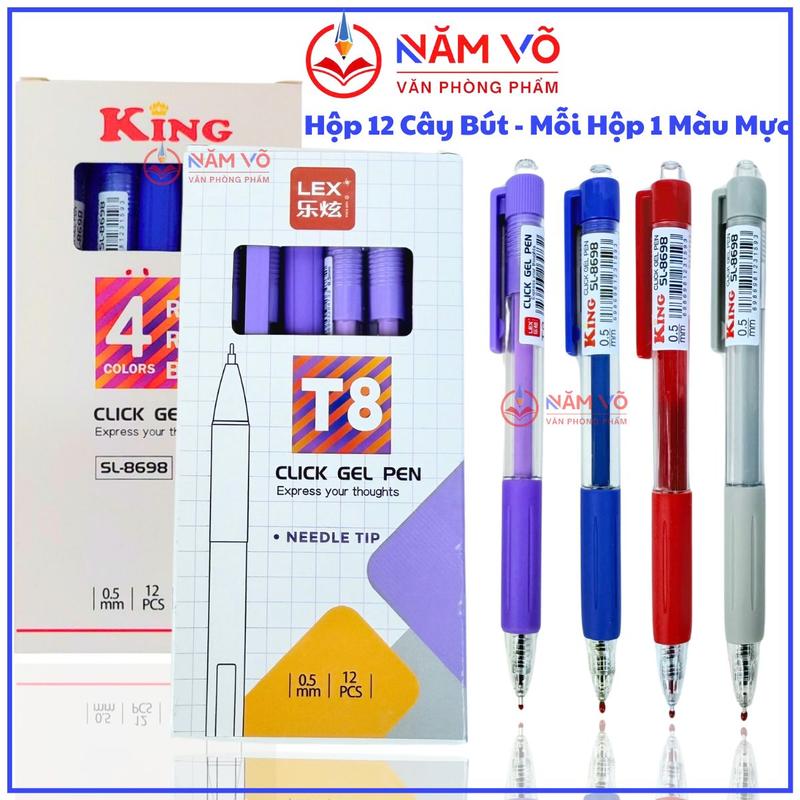 [T8 / KING 8698 ] HỘP 12 Cây Bút Gel Nước Dạng Bấm / Viết Bi Đầu Bấm King T8 / SL-8698 / SL 8698 Ngòi 0.5mm, Viết Êm, Mực Đều (Mực Xanh, Đỏ, Tím, Đen)