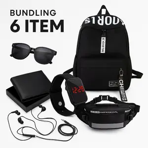 PROMO SUPER HEMAT 2025 TAS RANSEL PROMO BUNDLING BELI 1 DAPAT 6 BAHAN KULIT PU Hitam Backpack Wanita Pria Sekolah