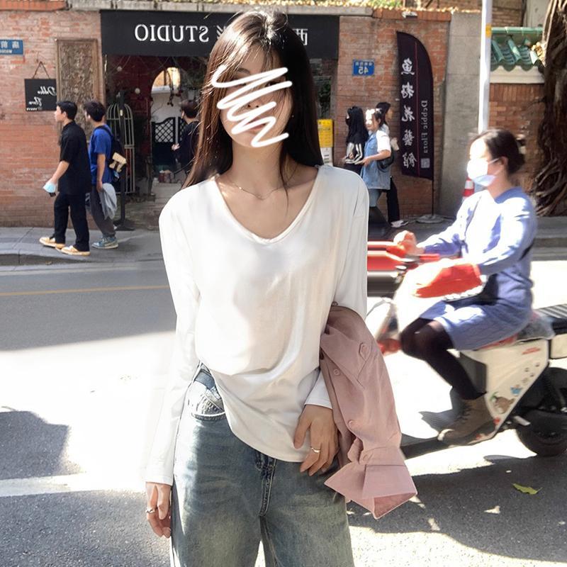 Product Introduction of Women's Oversized V-Neck Long Sleeve T-Shirt Stretchy Loose Fit Casual Top Lazy Chic Style Slimming T-Shirt 9