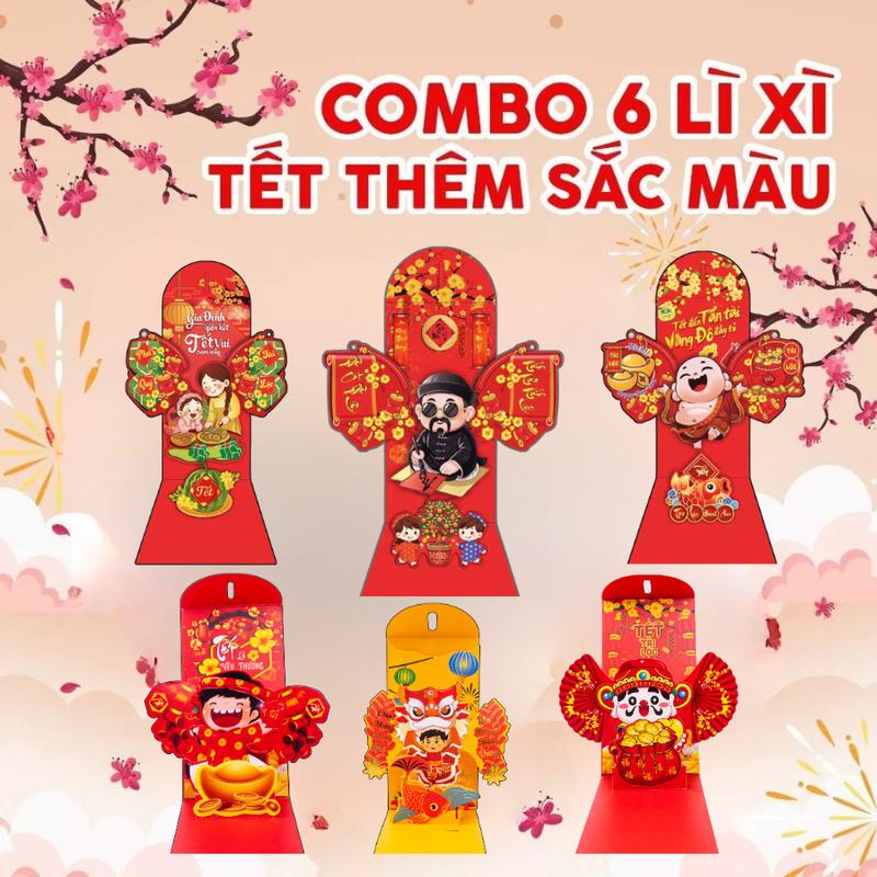  Combo 6 Bao Lì Xì 3D Tết 2026 Tết Bính Ngọ họa tiết nổi giấy cao cấp lì xì tết -Tinyworld 