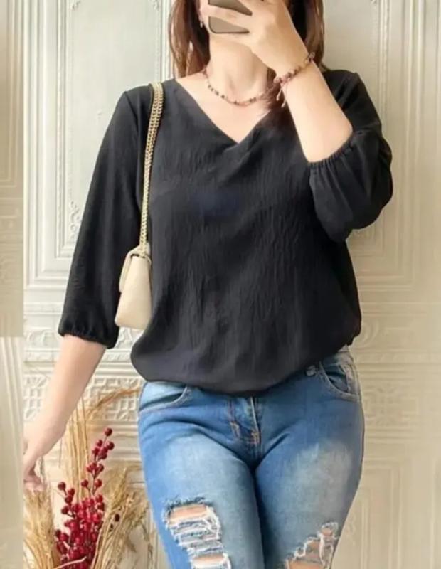 Pakaian wanita atasan blouse Cringkel airflow remaja dewasa model terbaru kekinian yang lagi viral Crinkle Nyaman Kerah Tangan Panjang 9