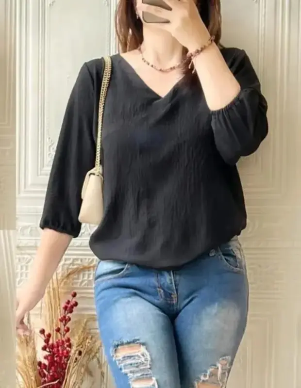 Pakaian wanita atasan blouse Cringkel airflow remaja dewasa model terbaru kekinian yang lagi viral Crinkle Nyaman Kerah Tangan Panjang 8