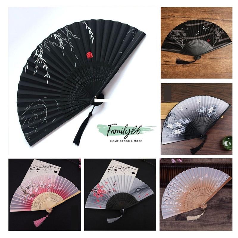  Quạt cầm tay cổ trang Trung Quốc bằng vải giấy gỗ xếp quạt múa văn nghệ hầu đồng thánh 