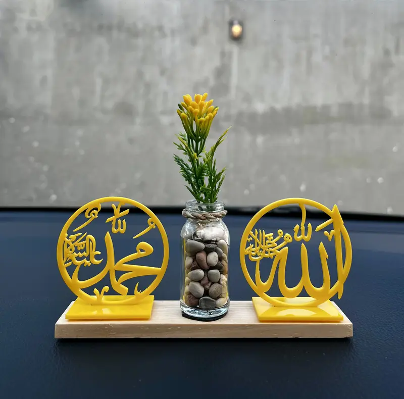 Hiasan Dashboard Mobil Allah Muhammad Bahan Acrilic tebal 2mm Warna Kuning 1