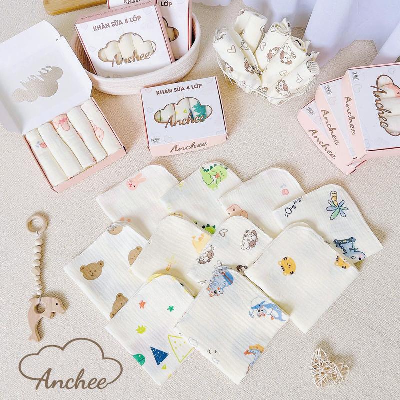 Hộp 5 Khăn Sữa 4 Lớp Anchee, Chất Liệu Xô Muslin Mềm Nhẹ, Thấm Hút Tốt Cho Bé Sơ Sinh
