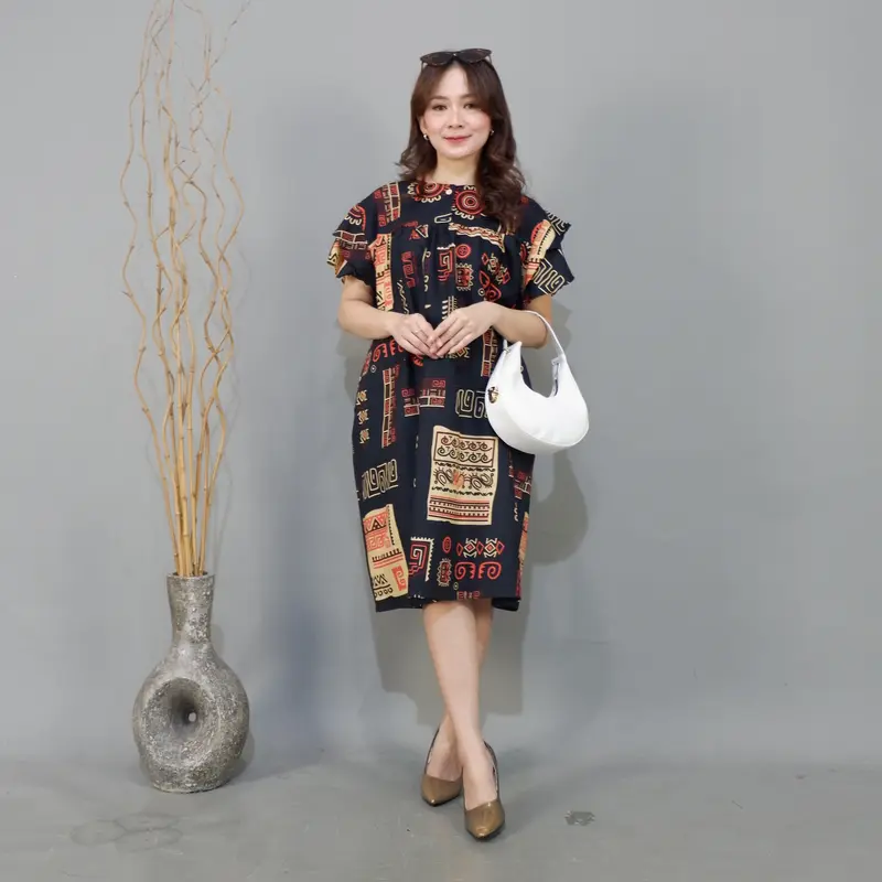 Daster Rindi Dewi Sri Dress Panjang Motif Katun Rayon Premium Wanita Busui Pendek Nyaman Midi Bumil Tidur Batik Kancing 2