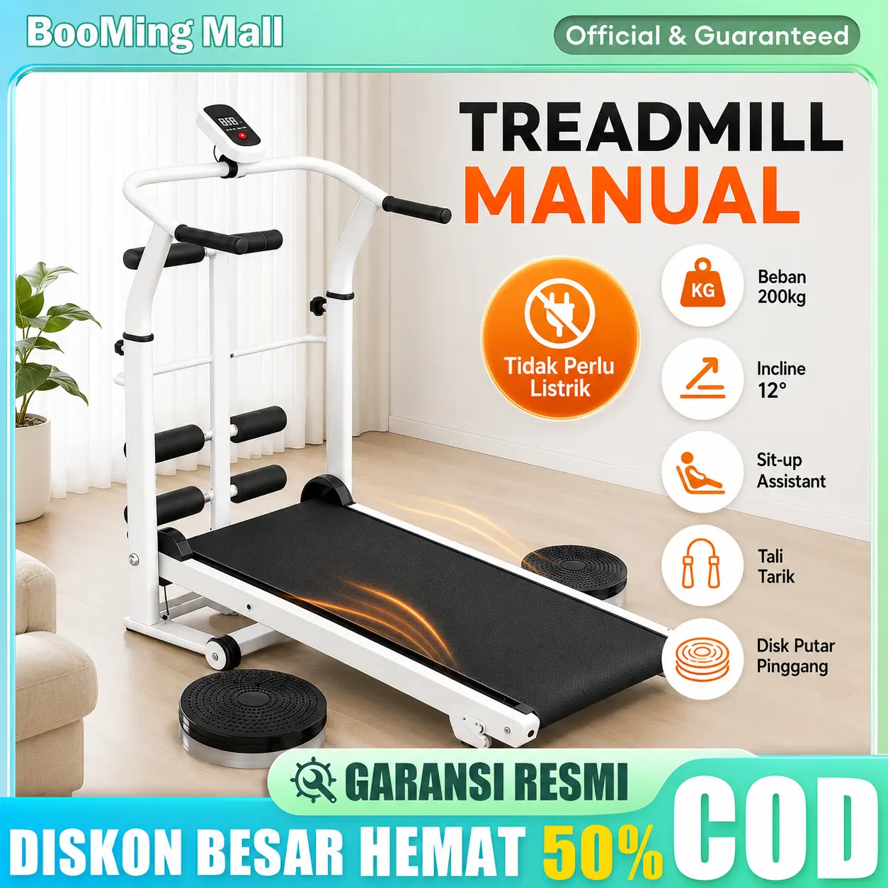 【Booming】Treadmill Manual Portabel (Tidak Butuh Listrik) Alat Olahraga Rumah Lipat Hemat Tempat Multifungsi Mewah, Dilengkapi Monitor Detak Jantung, Speaker Bluetooth, Sangat Senyap, Tahan Lama, Sabuk Lari Peredam Guncangan, Cocok untuk Lansia & Mini Gym