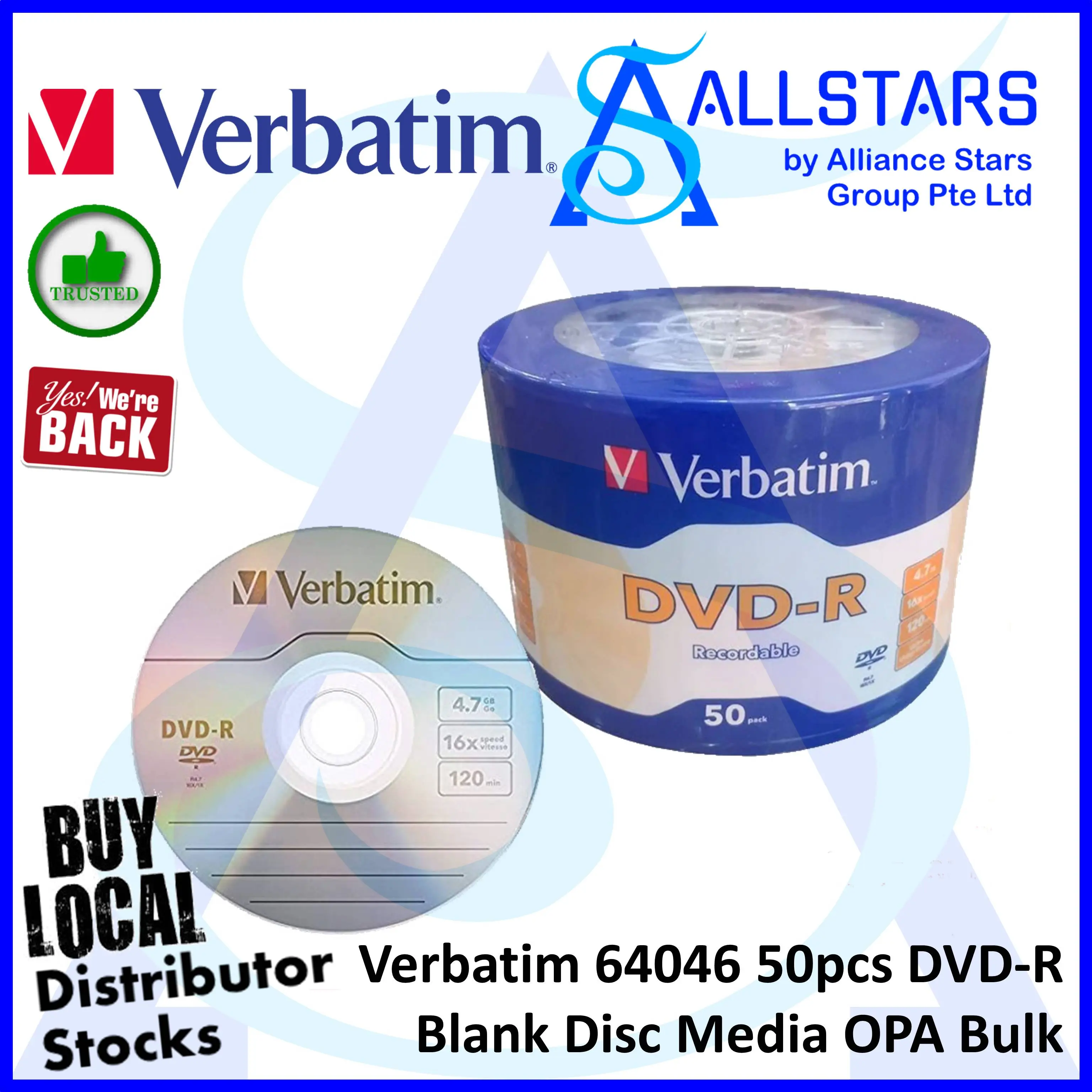 (ALLSTARS)Verbatim 64046 50pcs DVD-R Blank Disc Media OPA Bulk / 4.7GB / 16X / 120mins