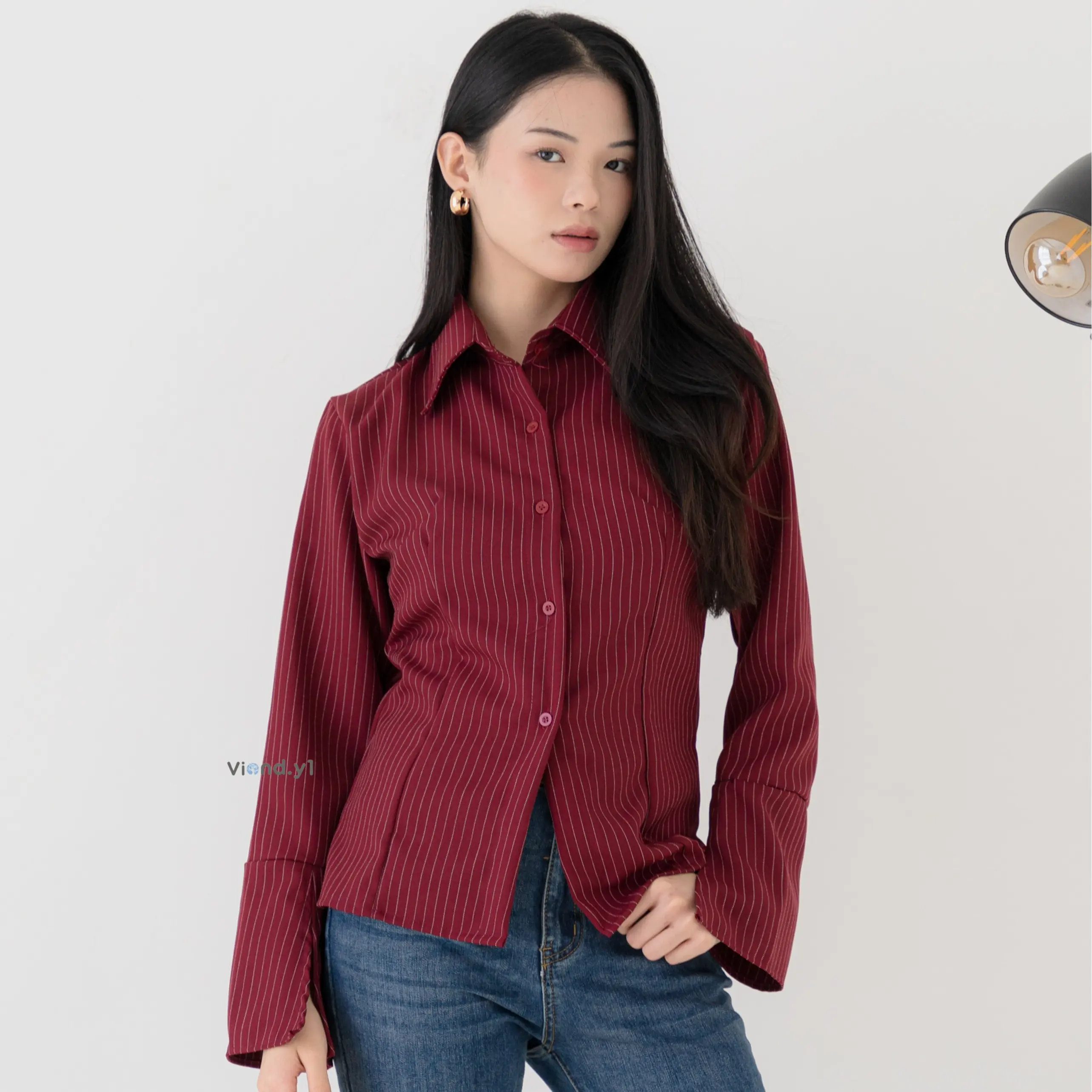 Blouse Fitted Salur Kemeja Wanita Longsleeve / Atasan Stripe Cewek Korea Slim Fit E.213