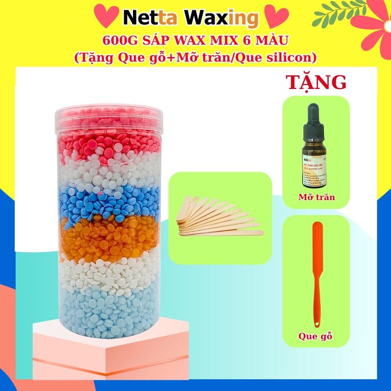 Hủ 600g sáp wax lông MIX 6 màu+Que gỗ+ Mỡ trăn 10ml HOẶC Que silicon quét chống dính - Sáp wax thơm wax sạch lông kèm que gỗ tẩy Waxing