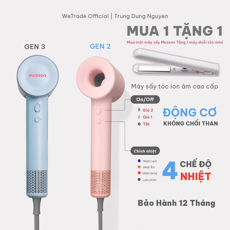 [MUZSON CAO CẤP] Máy sấy tóc NAM NỮ ion âm MUZSON công suất 1600W có sấy tóc nóng lạnh độc lập hàng nhập khẩu chính hãng bảo hành 12 tháng