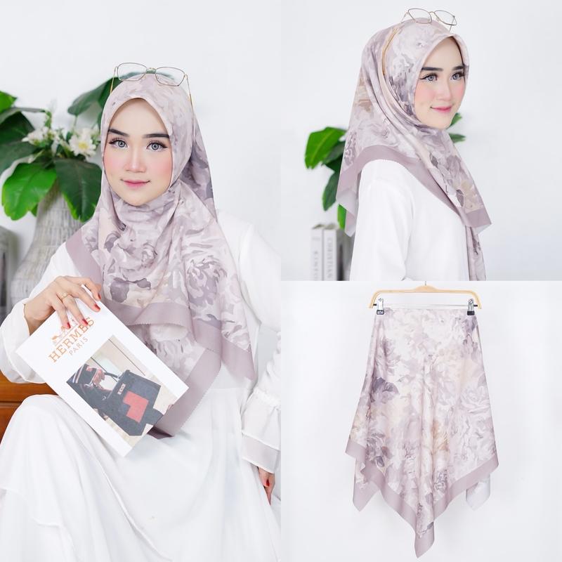 ( SERIES RUSHEL 1-100 ) Hijab Motif Terbaru Segiempat Motif  Bunga Denay Motif 2024 Katun Voal  Nyaman Muslim Square 5