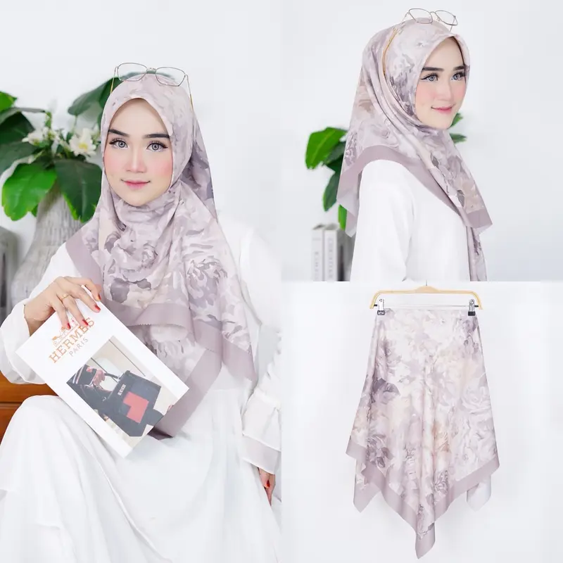 ( SERIES RUSHEL 1-100 ) Hijab Motif Terbaru Segiempat Motif  Bunga Denay Motif 2024 Katun Voal  Nyaman Muslim Square 4