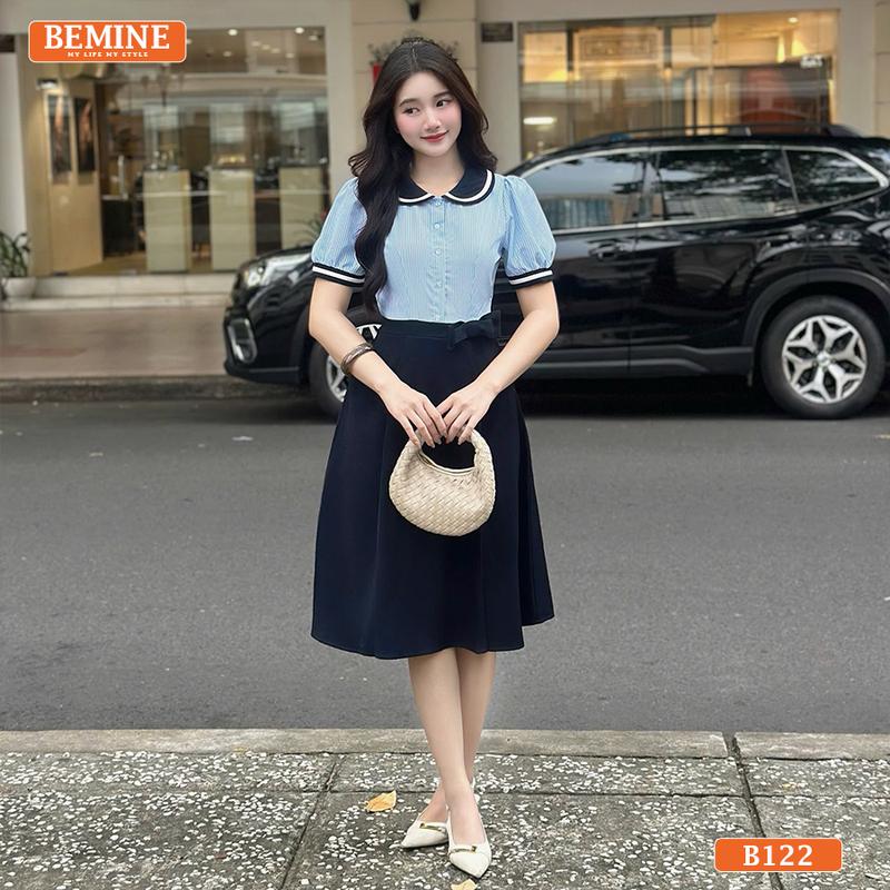 Đầm thiết kế BEMINE cổ sen phối sọc tùng váy dáng chữ A phù hợp đi làm-B122