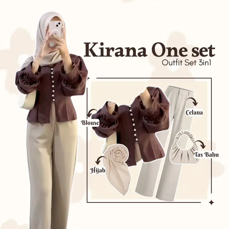 one set 3in1 Korean Style ( Blouse Lengan Balon + Celana Ivory + Tas Bahu + Hijab aesthetic DM053N Basic Fit Katun Muslim Panjang Setelan Wanita Baju Casual Kerja 0