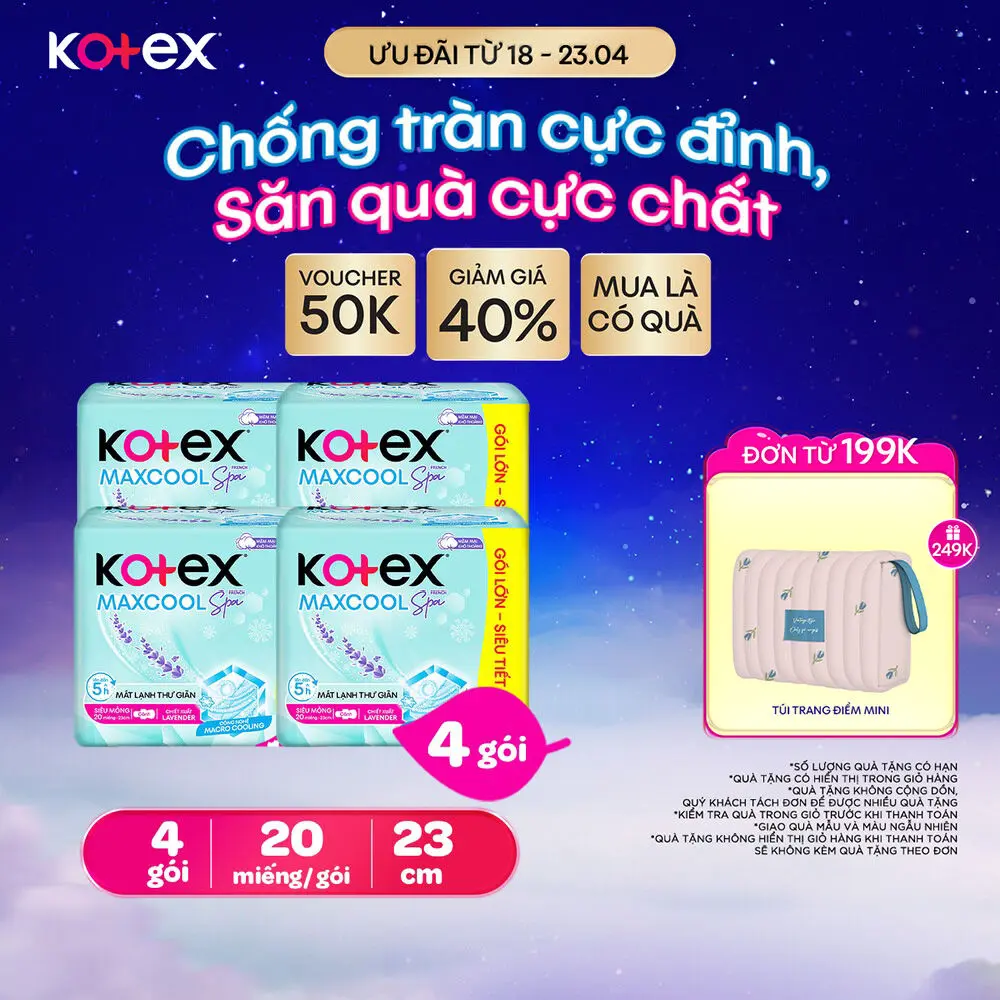 [Bao bì thay đổi tùy đợt nhập hàng] Combo 4 gói băng vệ sinh Kotex Maxcool French Spa Siêu mỏng cánh 23cm (20M/gói)