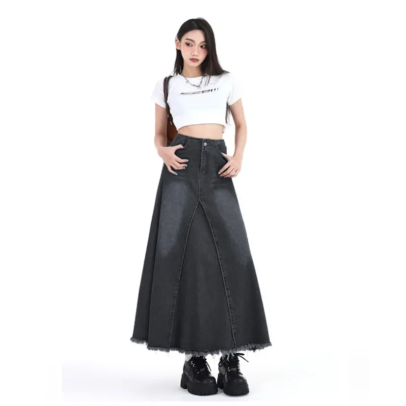 Pg Jeans - Rok Denim Vintage Retro Wanita Rok Jeans Panjang High Waist A-Line Cewek Bahan Tebal Tahan Lama Kancing Depan & Karet Belakang Variasi Rampel di Depan 6