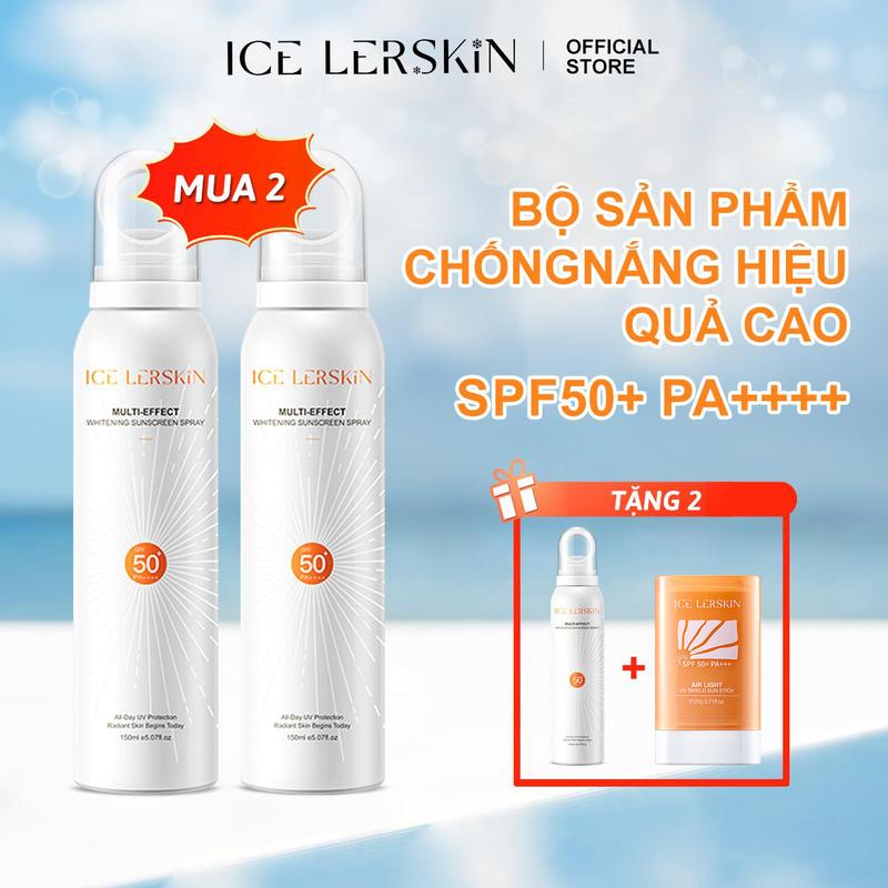 【Mua 2 tặng 2 ICE LERSKIN Xịt Chống Nắng Đa Hiệu 150ML*2 + [Quà Tặng Miễn Phí] Xịt Chống Nắng 150ML và Thanh Lăn Chống Nắng 20g, SPF50+ PA++++, chứa chiết xuất lá hoa nhài và tinh chất vitamin E