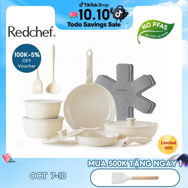 Redchef Bộ 16 Nồi Chảo Chống Dính Không Độc Hại Tay Cầm Tháo Rời Phù Hợp Mọi Loại Bếp Không Chứa PFAS PTFE PFOA