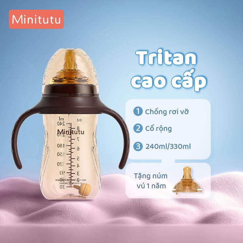 Minitutu Bình sữa Chất liệu Tritan cổ có ống hút 240ml 300ml rộng 5CM Chống đầy hơi BPA Free Núm ti & Núm tập hút