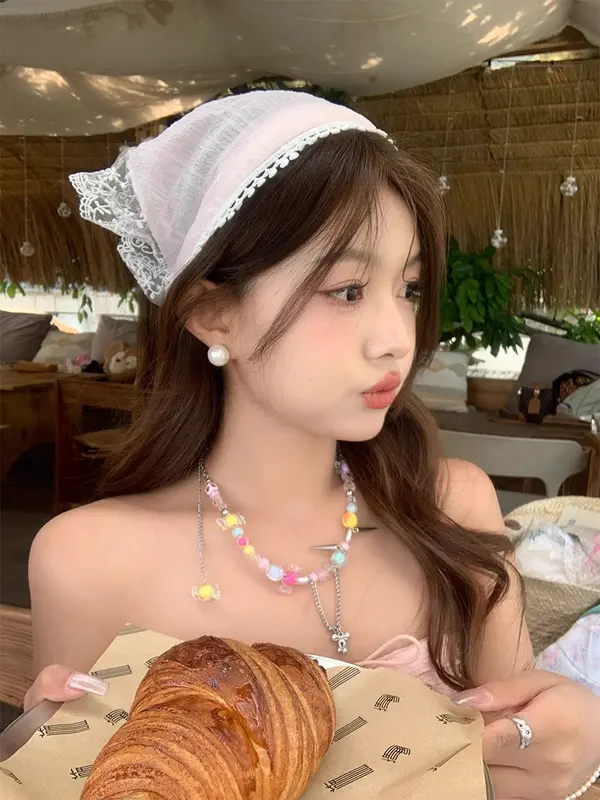 Khăn Quàng Tam Giác Viền Ren, Cô Gái Nơ Ngọt Ngào Băng Đô Nữ, Băng Đô Chụp Ảnh, Phụ Kiện Tóc, Hợp Xu hướng Women Nhung Titan,Phong cách đồng quê, thích hợp cho chuyến dã ngoại chụp ảnh，băng đô khăn trùm đầu 4