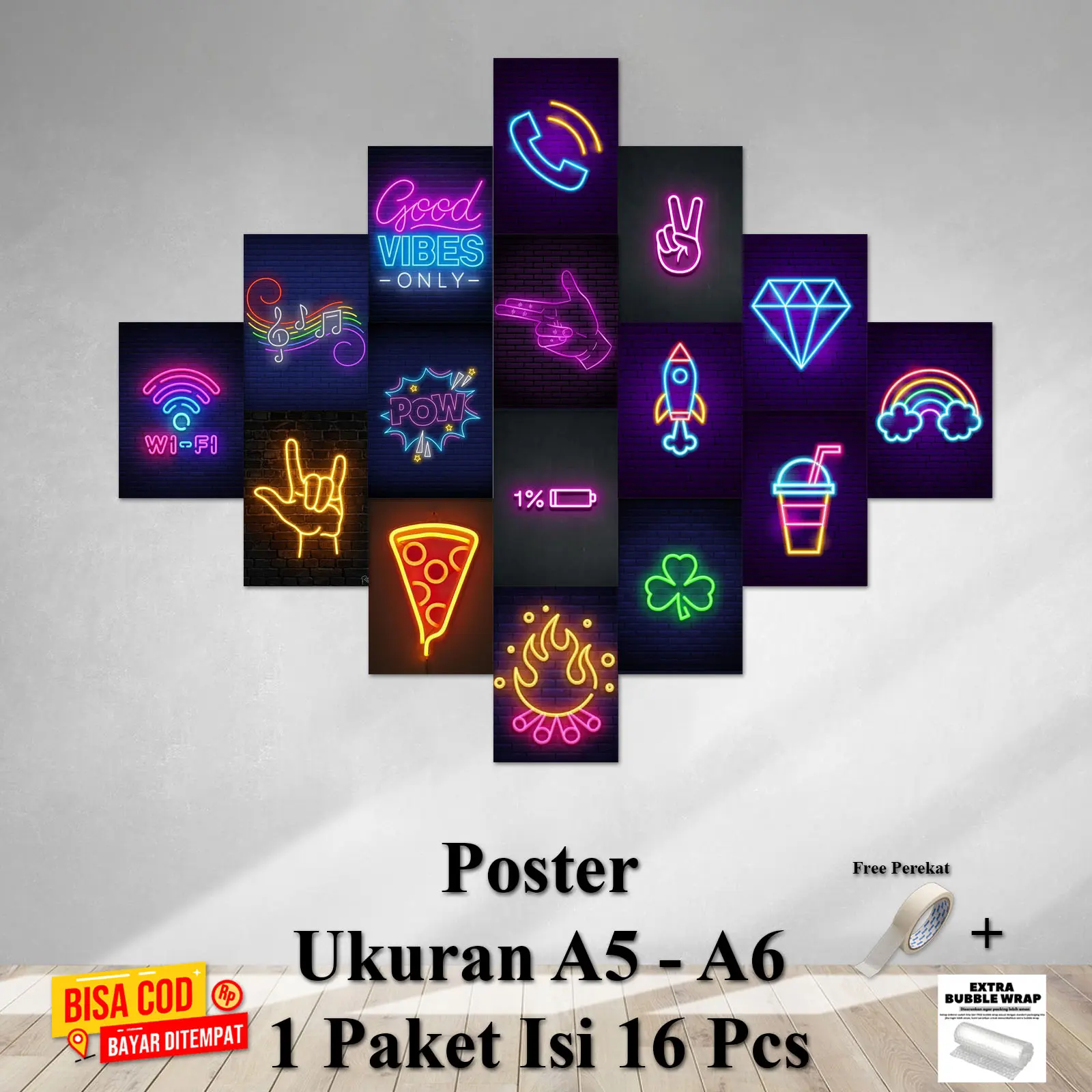 Poster Dinding Kamar Tema NEON Ukuran A5 A6 1 Paket isi 16 Pcs Hiasan Dinding Kamar Dekorasi Kamar Cetak Foto Walldecor Bisa Bayar ditempat COD Kertas