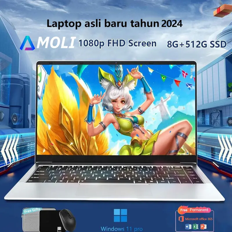 AMOLI  [2024 Baru] Laptop baru asli 15,6‘’ Layar IPS HD intel J4015 RAM 8GB + SSD 256GB lengkap Instal WINDOWS 11 +Office secara gratis Menduku Murah dan portabel laptop 0