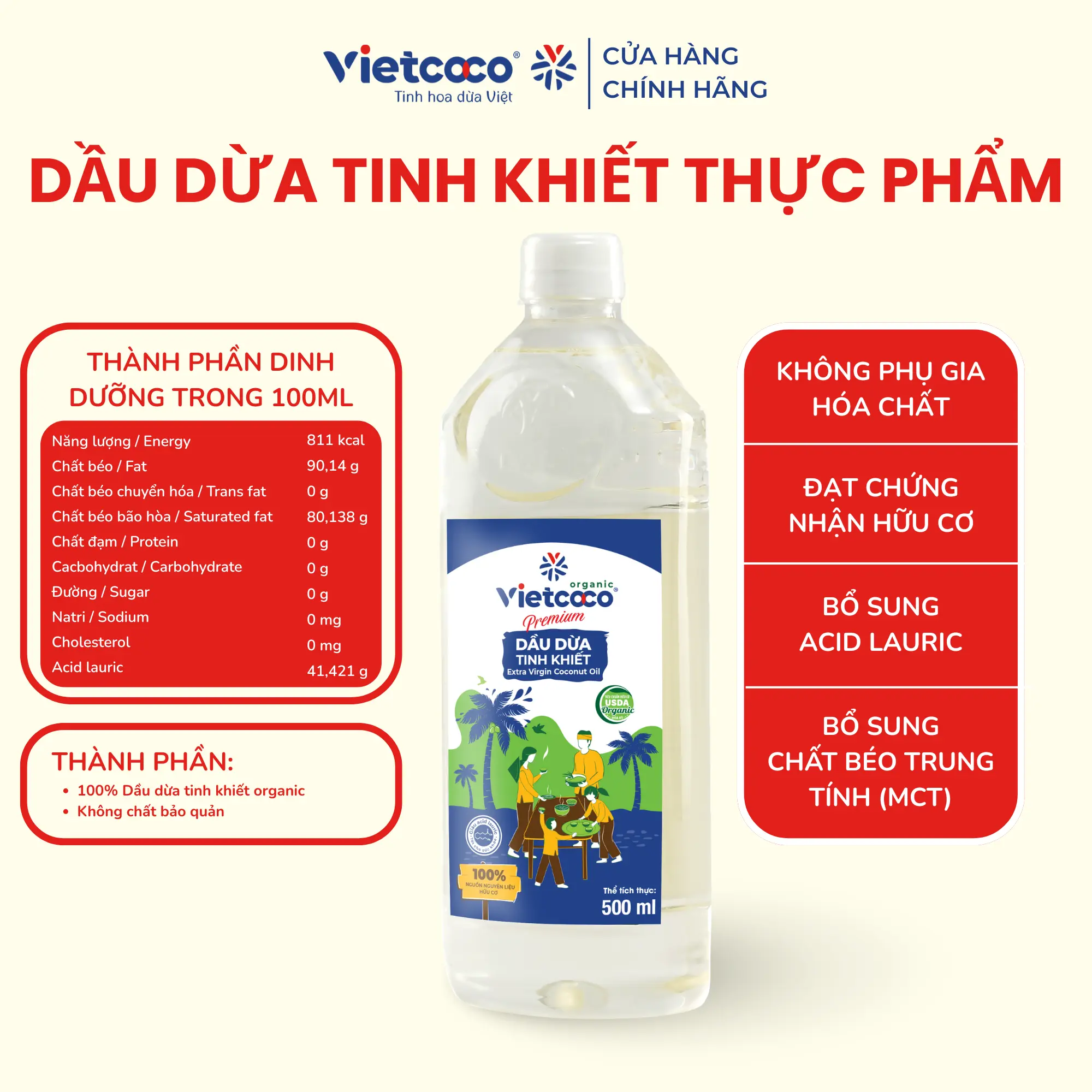 Dầu Dừa Tinh Khiết Organic Vietcoco Chai 500ml - dầu dừa hữu cơ ép lạnh thực phẩm