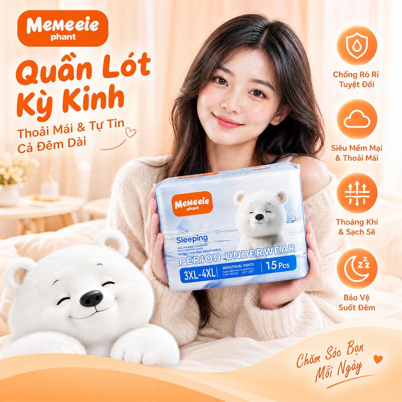 Quần lót kinh nguyệt Memeeie phant, quần vệ sinh ban đêm dùng 1 lần chống rò rỉ, mềm thoáng khí, nhiều size M-L/XL-XXL/3XL-4XL