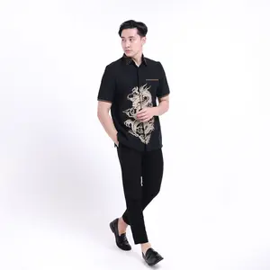 Batik Pria Hem Smock Bordir B477 Katun Halus Printing Motif Naga Warna Emas